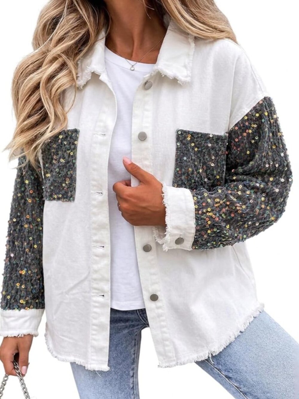 Womens Denim Shacket Oversized Sequin Jacket Fall Outfits